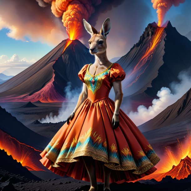 Ilustración de un canguro en un vestido en el volcán