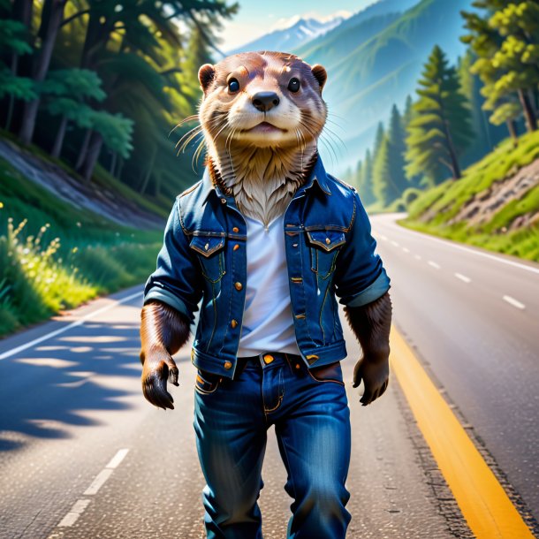 Image of a otter in a jeans on the road