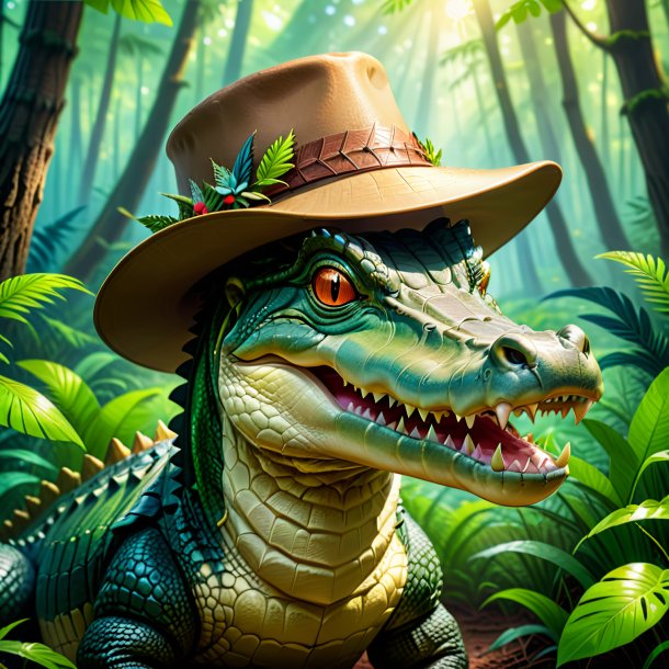 Illustration of a crocodile in a hat in the forest