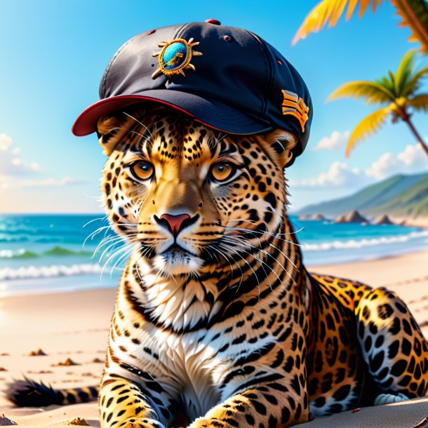 Desenho de um leopardo em um boné na praia