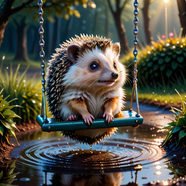 Image of a swinging on a swing of a hedgehog in the puddle