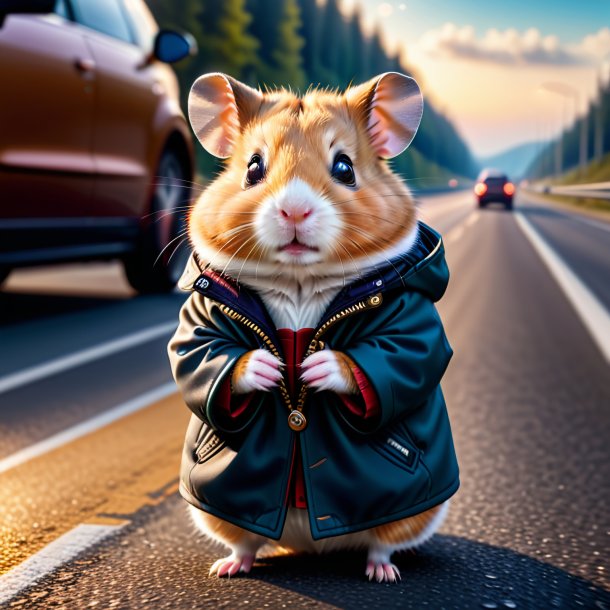 Photo d'un hamster dans un manteau sur l'autoroute