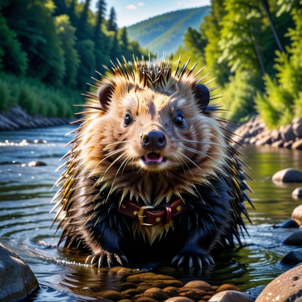 Foto de un puercoespín en un cinturón en el río