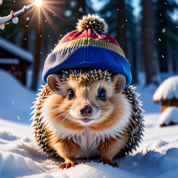 Image of a hedgehog in a cap in the snow