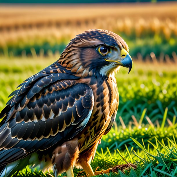 Image of a resting of a hawk on the field