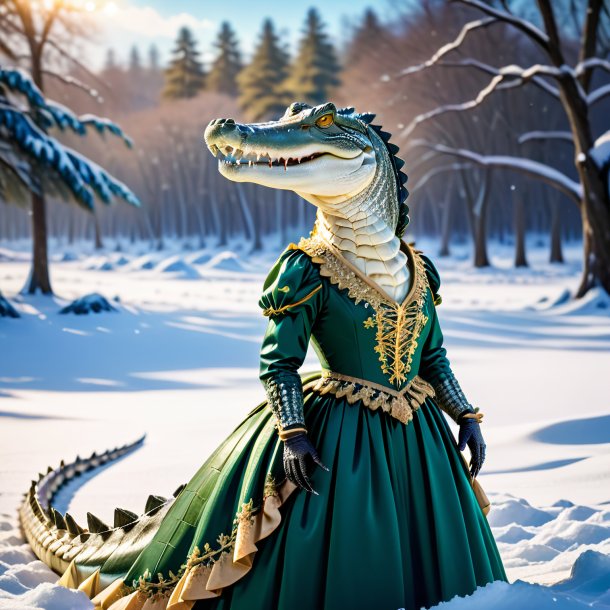 Foto de um crocodilo em um vestido na neve