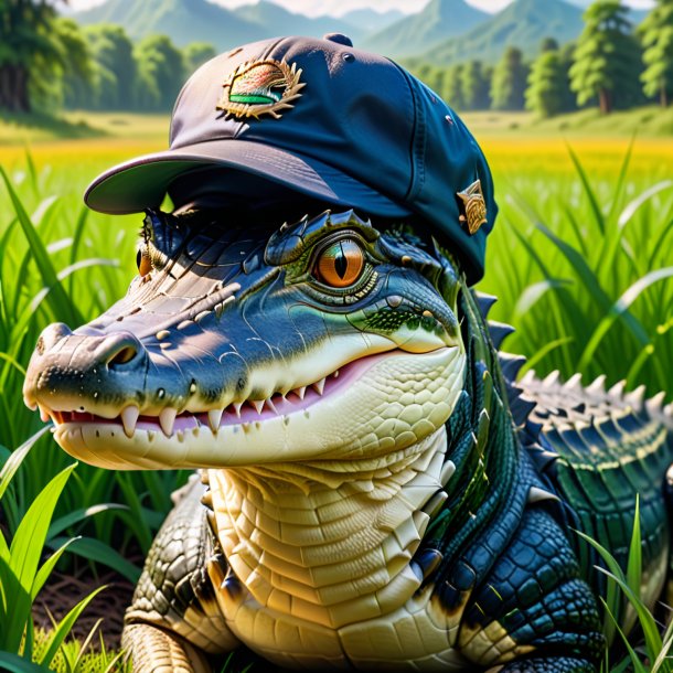 Image of a crocodile in a cap in the meadow