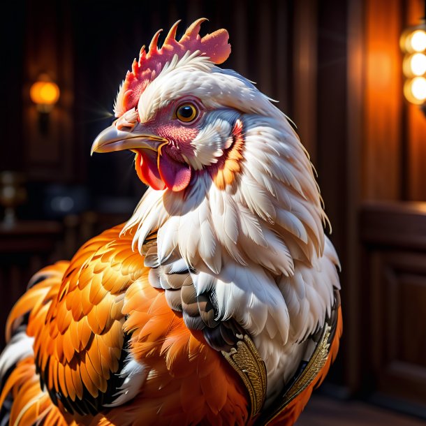 Pic d'une poule dans une veste orange