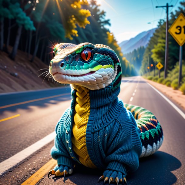 Picture of a snake in a sweater on the road