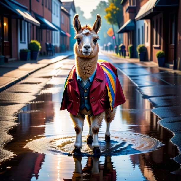 Foto de una llama en un abrigo en el charco