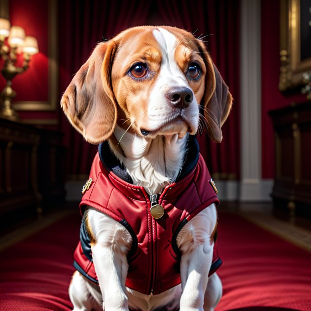 Foto de um beagle em uma jaqueta vermelha