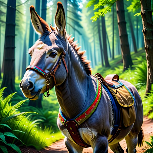 Picture of a donkey in a vest in the forest