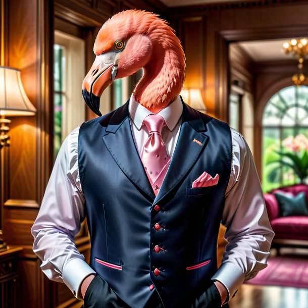 Image of a flamingo in a vest in the house