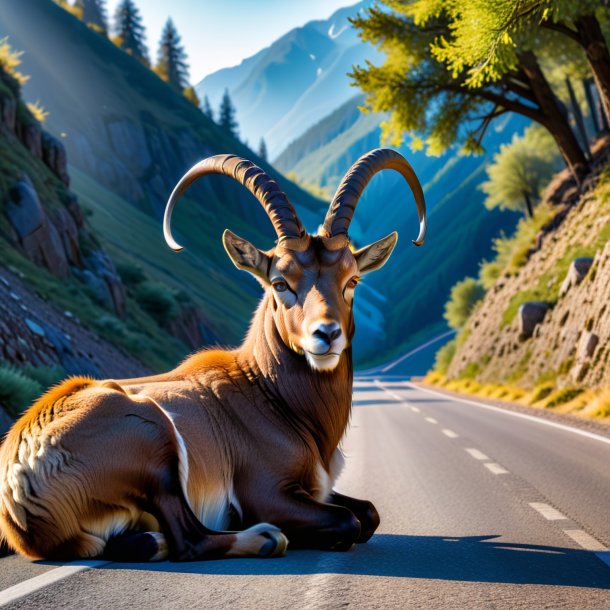 Pic of a resting of a ibex on the road