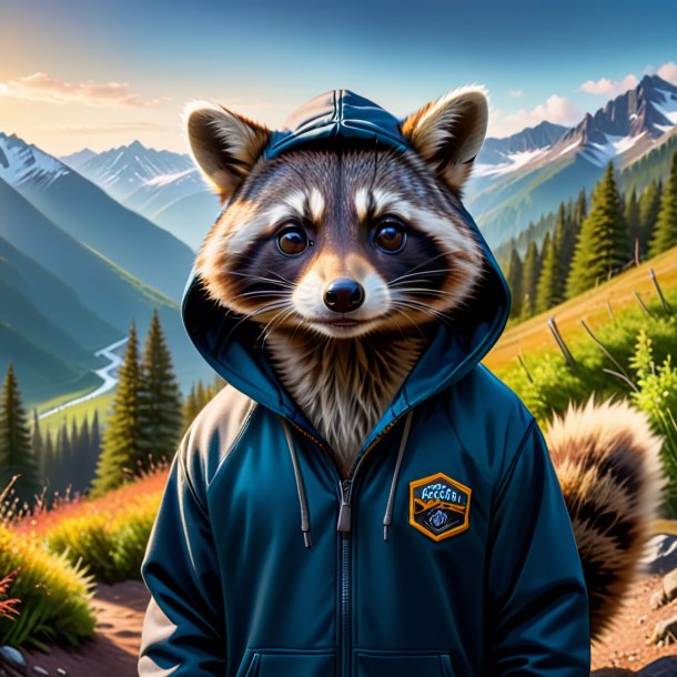 Photo of a raccoon in a hoodie in the mountains