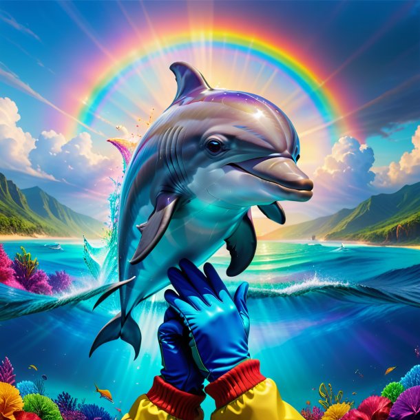 Picture of a dolphin in a gloves on the rainbow