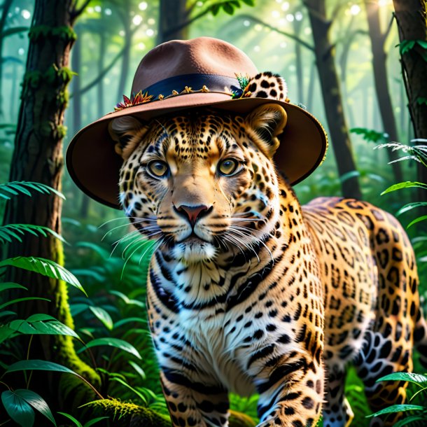 Um leopardo em um chapéu na floresta