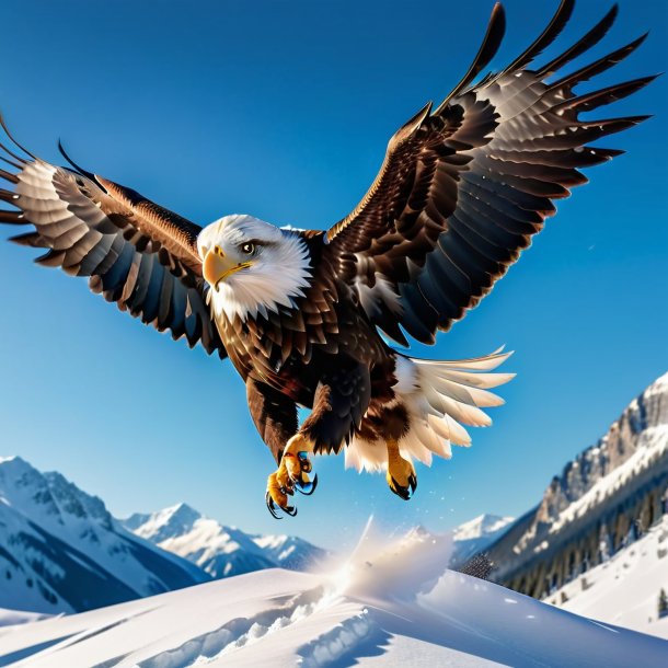 Photo of a jumping of a eagle in the snow