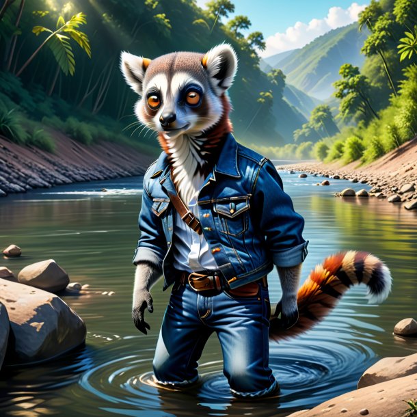 Illustration of a lemur in a jeans in the river