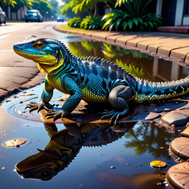 Drawing of a monitor lizard in a shoes in the puddle