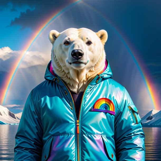 Imagen de un oso polar en una chaqueta sobre el arco iris