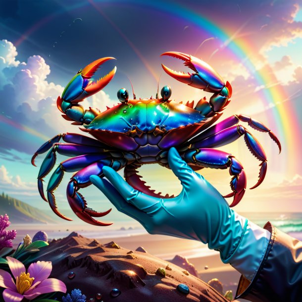 Illustration of a crab in a gloves on the rainbow