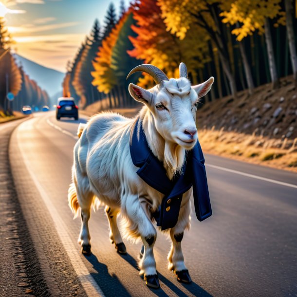 Pic of a goat in a coat on the road