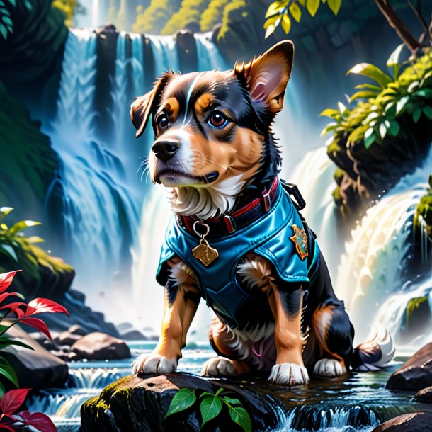 Picture of a dog in a gloves in the waterfall