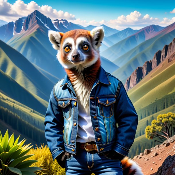 Picture of a lemur in a jeans in the mountains