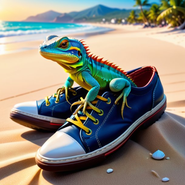 Image of a lizard in a shoes on the beach