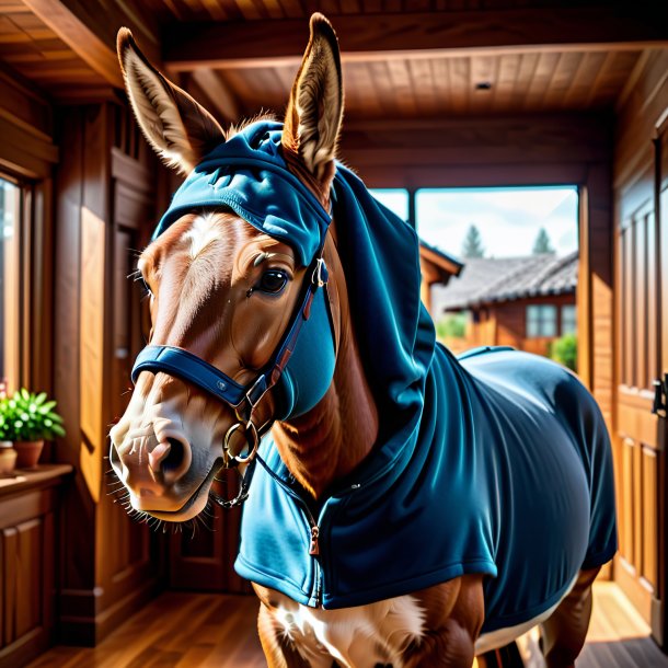 Photo of a mule in a hoodie in the house