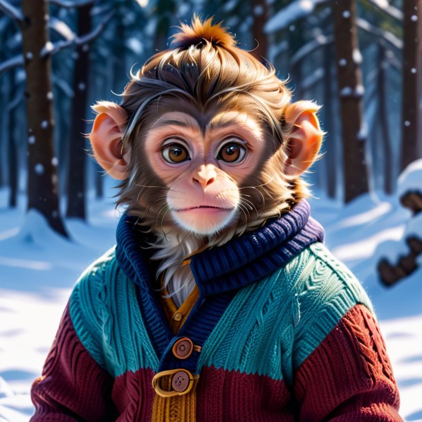 Picture of a monkey in a sweater in the snow