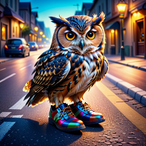 Image of a owl in a shoes on the road