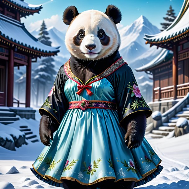 Illustration of a giant panda in a dress in the snow