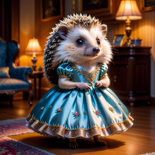 Pic of a hedgehog in a dress in the house