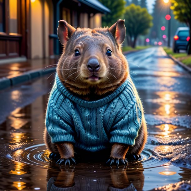 Photo of a wombat in a sweater in the puddle