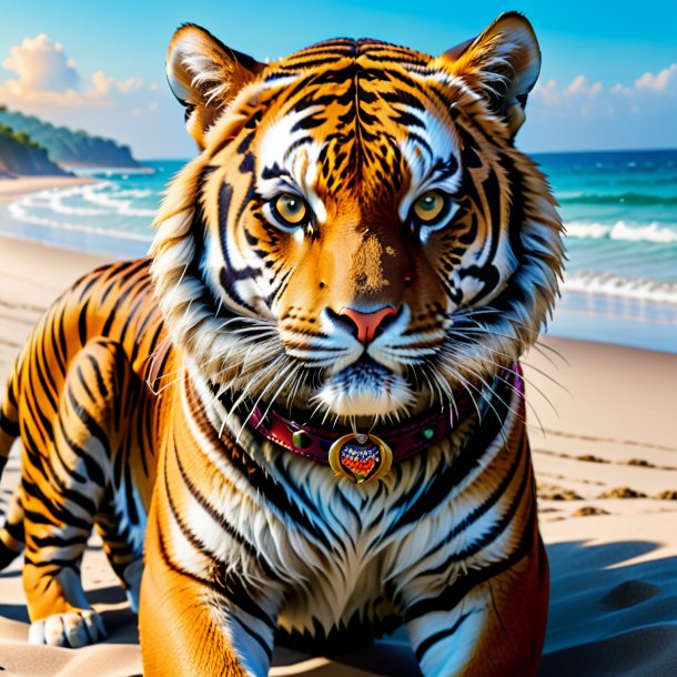 Photo of a tiger in a belt on the beach