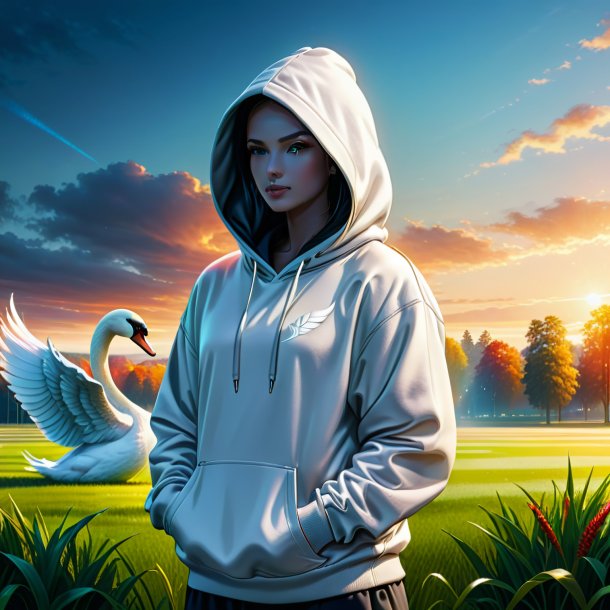 Desenho de um cisne em um hoodie no campo