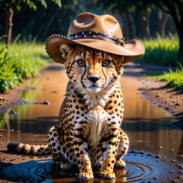 Foto de un guepardo en un sombrero en el charco