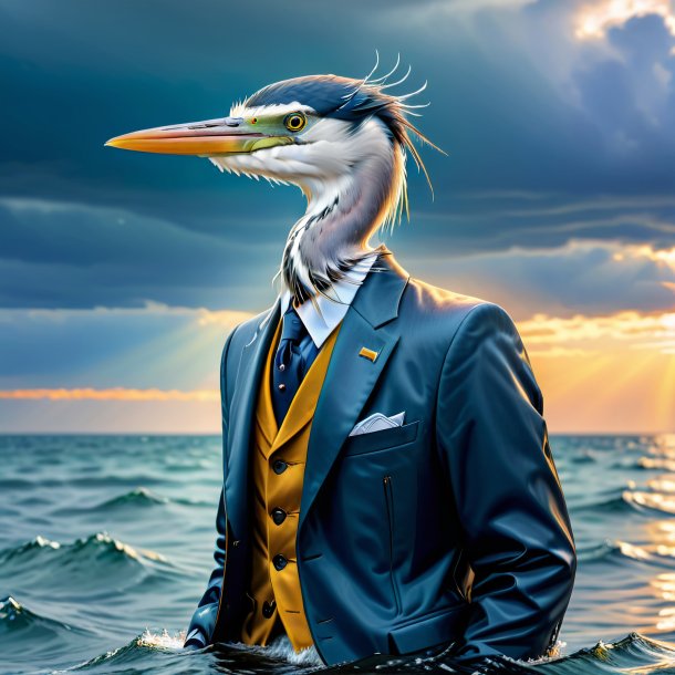 Photo of a heron in a jacket in the sea