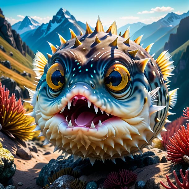 Picture of a threatening of a pufferfish in the mountains