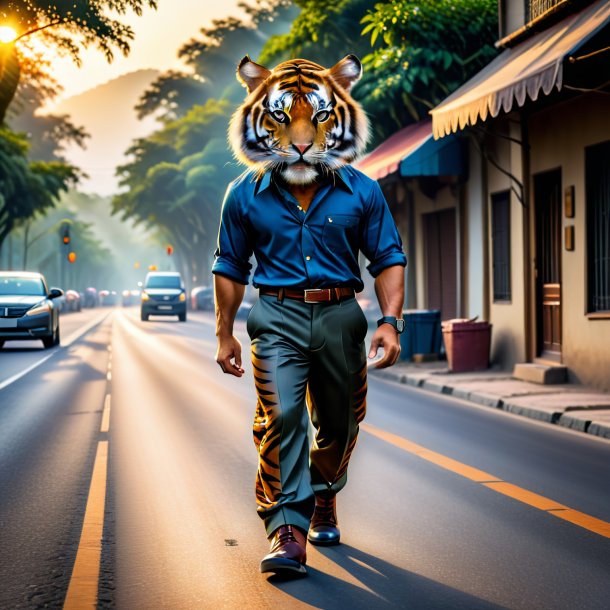 Image of a tiger in a trousers on the road