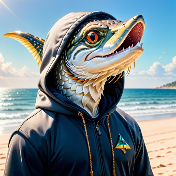 Image of a pike in a hoodie on the beach