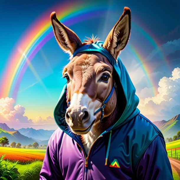 Ilustración de un burro en una sudadera con capucha en el arco iris