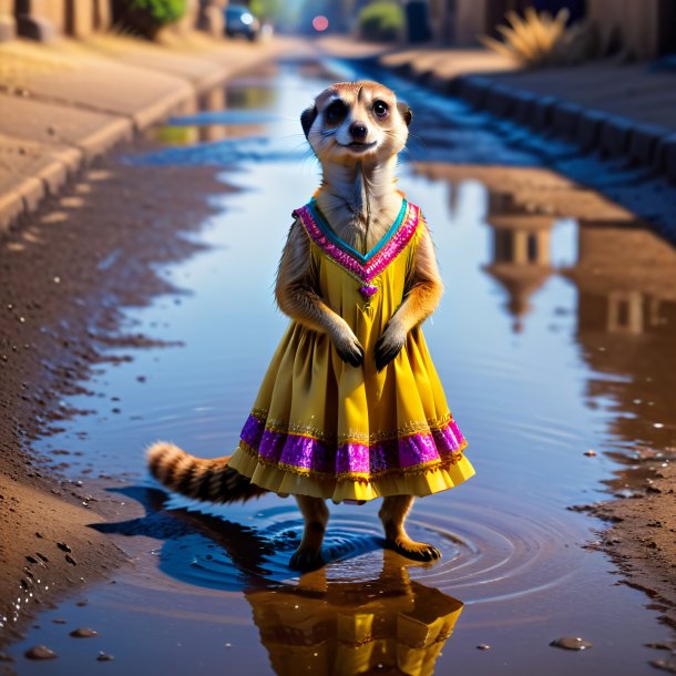 Photo of a meerkat in a dress in the puddle