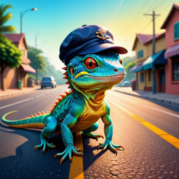 Illustration of a lizard in a cap on the road