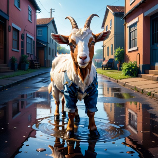 Illustration of a goat in a jeans in the puddle