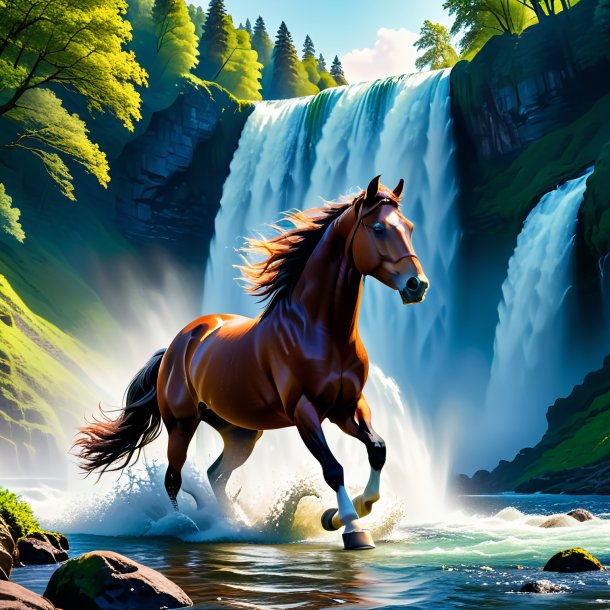 Image of a playing of a horse in the waterfall