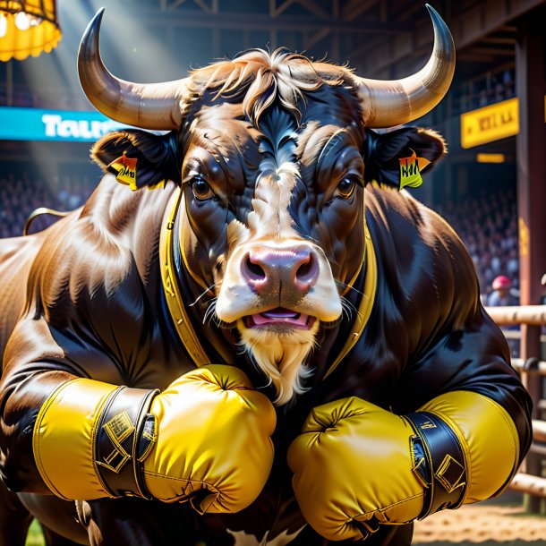 Photo of a bull in a yellow gloves