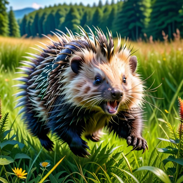 Photo of a jumping of a porcupine in the meadow